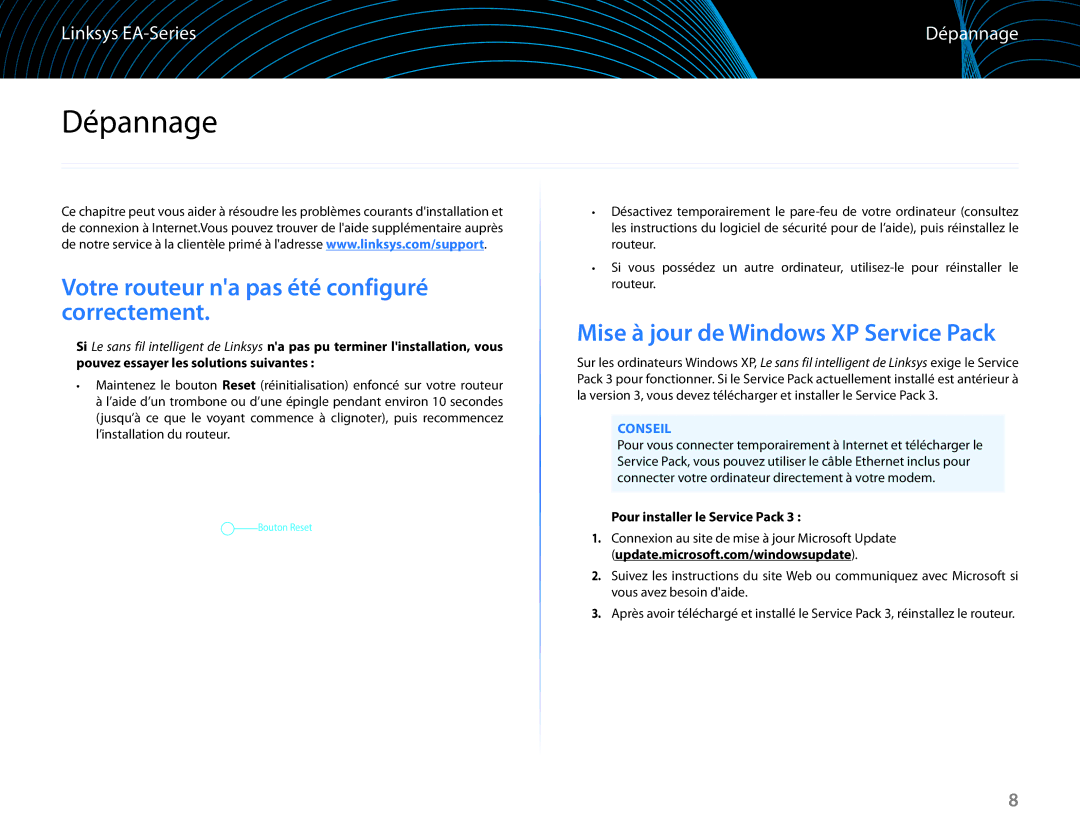 Linksys EA6100 manual Votre routeur na pas été configuré correctement, Mise à jour de Windows XP Service Pack, Conseil 