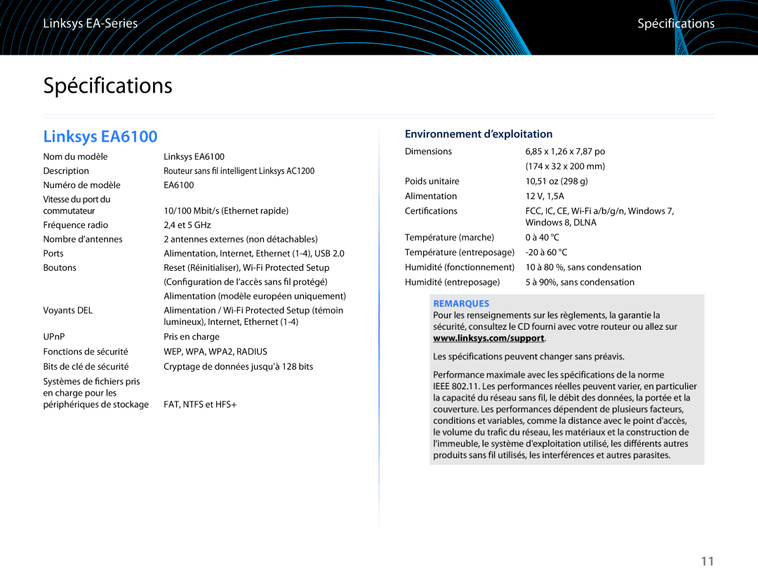 Linksys EA6100 manual Spécifications, Environnement d’exploitation 