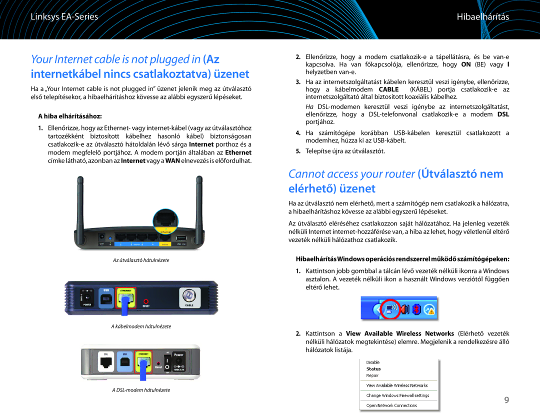 Linksys EA6100 manual Elérhető üzenet, Hibaelhárítás, Hiba elhárításához 