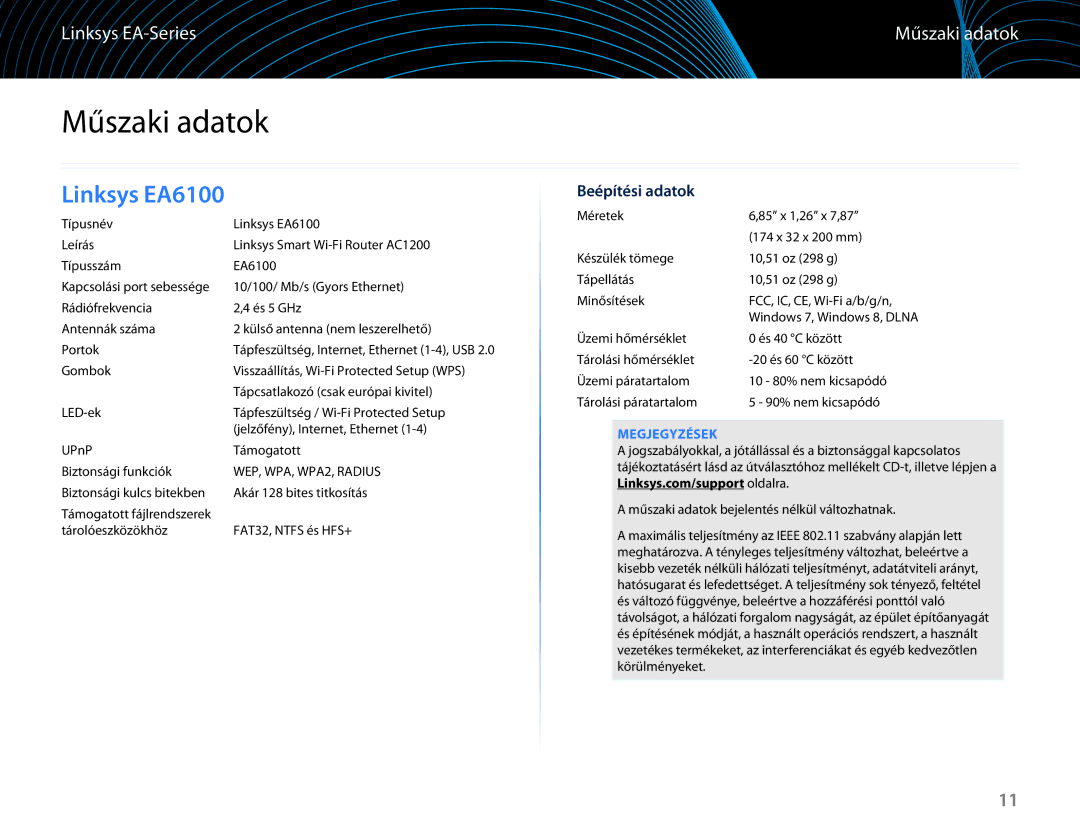 Linksys EA6100 manual Műszaki adatok, Beépítési adatok, Megjegyzések 