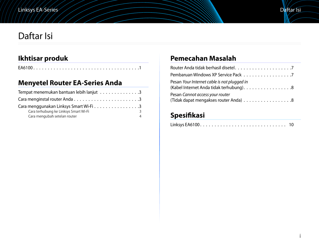 Linksys EA6100 manual Daftar Isi, Ikhtisar produk, Menyetel Router EA-Series Anda, Pemecahan Masalah, Spesifikasi 