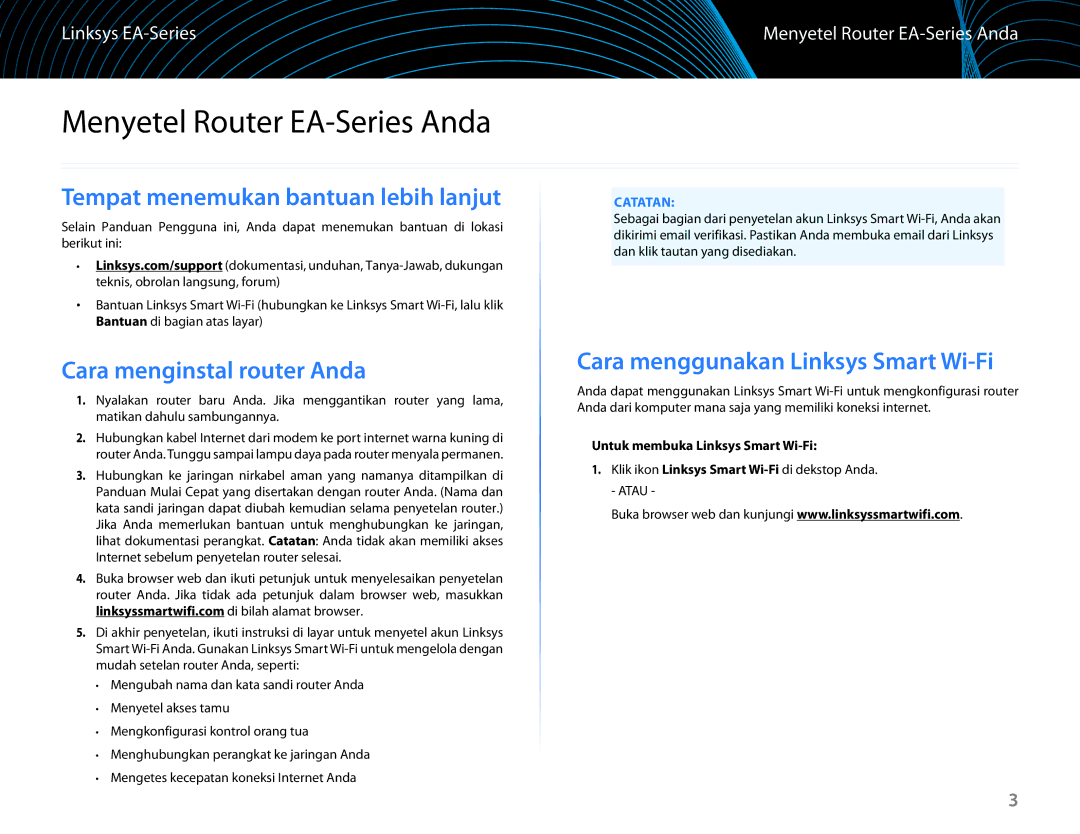 Linksys EA6100 manual Menyetel Router EA-Series Anda, Tempat menemukan bantuan lebih lanjut, Cara menginstal router Anda 