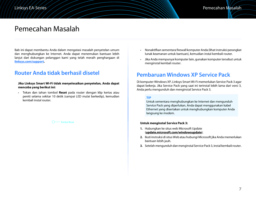 Linksys EA6100 manual Pemecahan Masalah, Router Anda tidak berhasil disetel, Pembaruan Windows XP Service Pack 