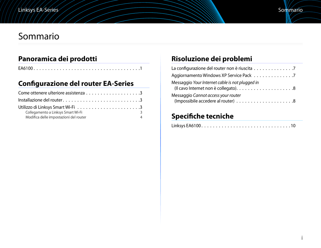 Linksys EA6100 manual Sommario, Panoramica dei prodotti, Configurazione del router EA-Series, Risoluzione dei problemi 