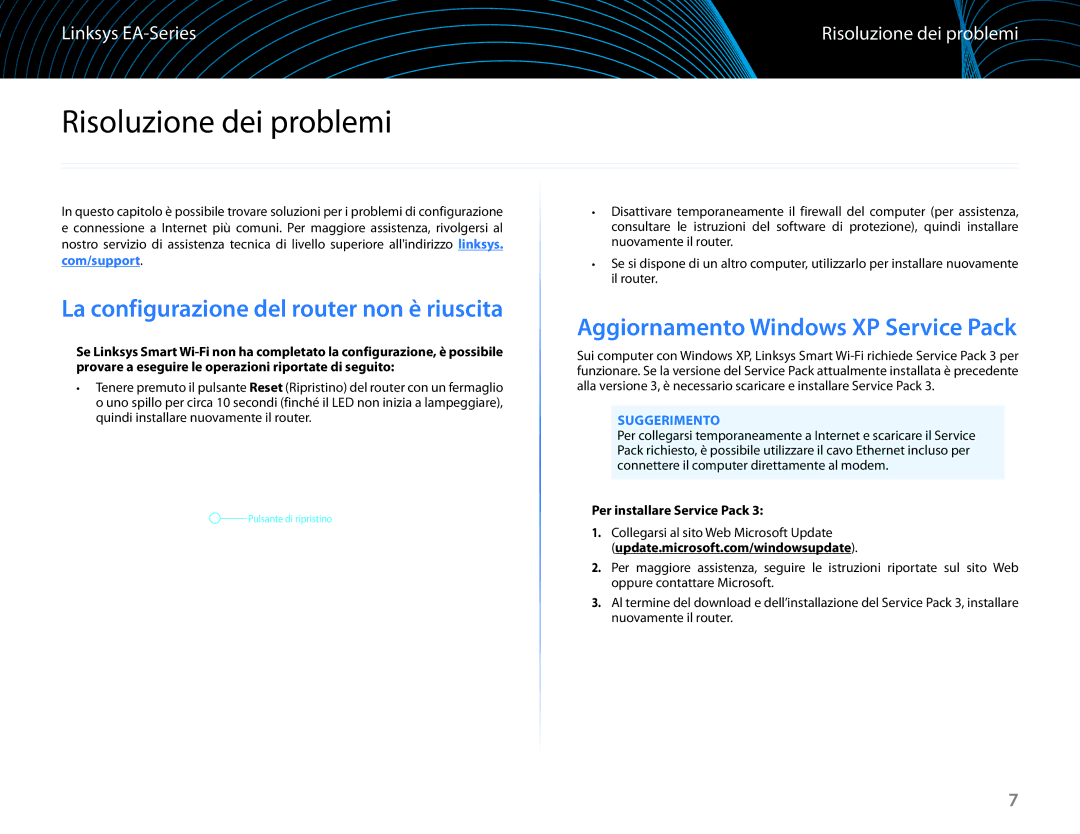 Linksys EA6100 manual Risoluzione dei problemi, La configurazione del router non è riuscita, Suggerimento 