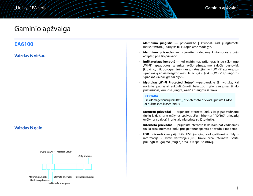 Linksys EA6100 manual Gaminio apžvalga, Vaizdas iš viršaus Vaizdas iš galo, Pastaba 
