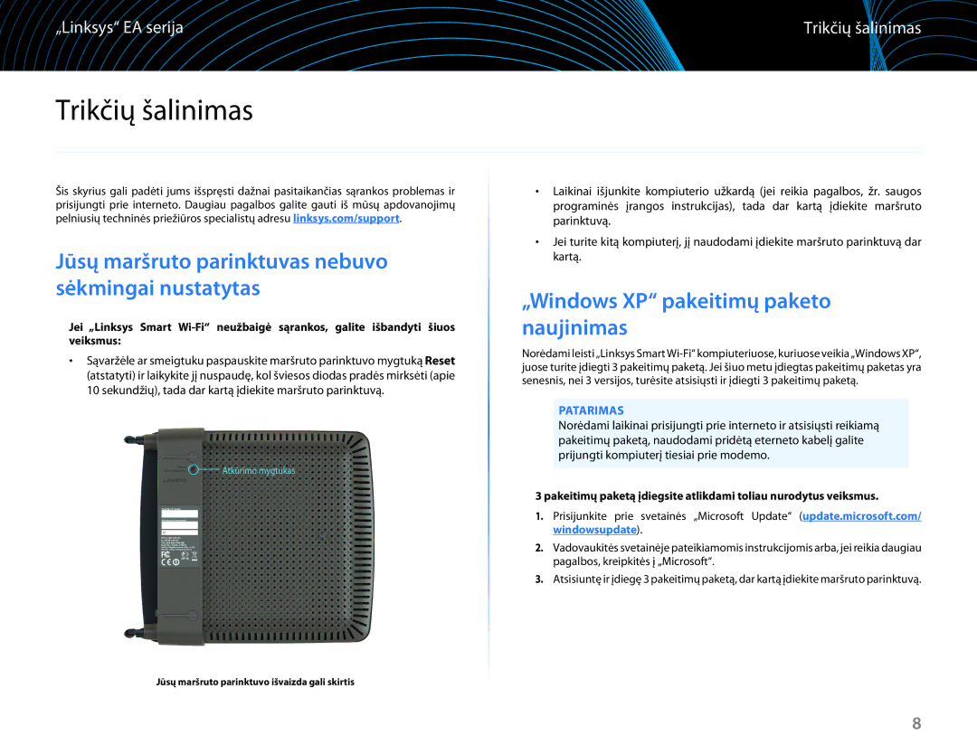 Linksys EA6100 manual Trikčių šalinimas, Jūsų maršruto parinktuvas nebuvo sėkmingai nustatytas, Patarimas 