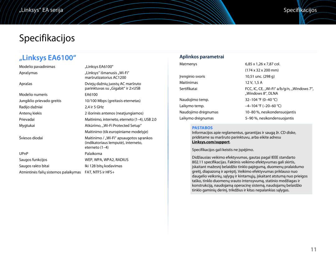 Linksys manual Specifikacijos, „Linksys EA6100, Aplinkos parametrai, Pastabos 