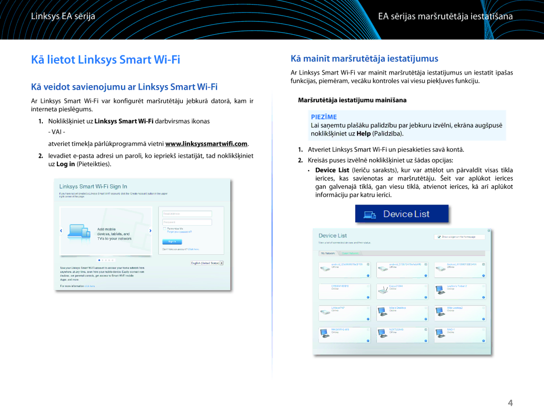 Linksys EA6100 manual Kā lietot Linksys Smart Wi-Fi, Kā veidot savienojumu ar Linksys Smart Wi-Fi 