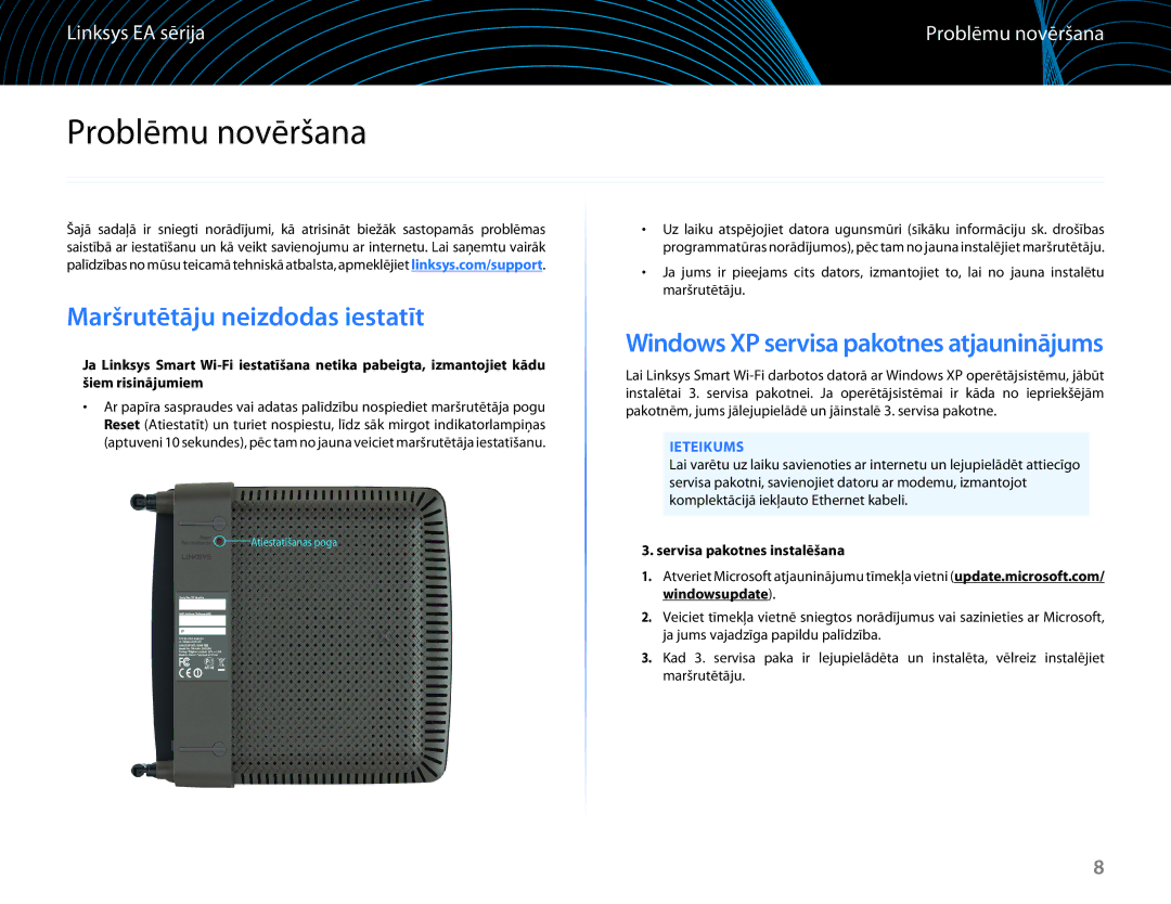 Linksys EA6100 manual Problēmu novēršana, Maršrutētāju neizdodas iestatīt, Ieteikums, Servisa pakotnes instalēšana 