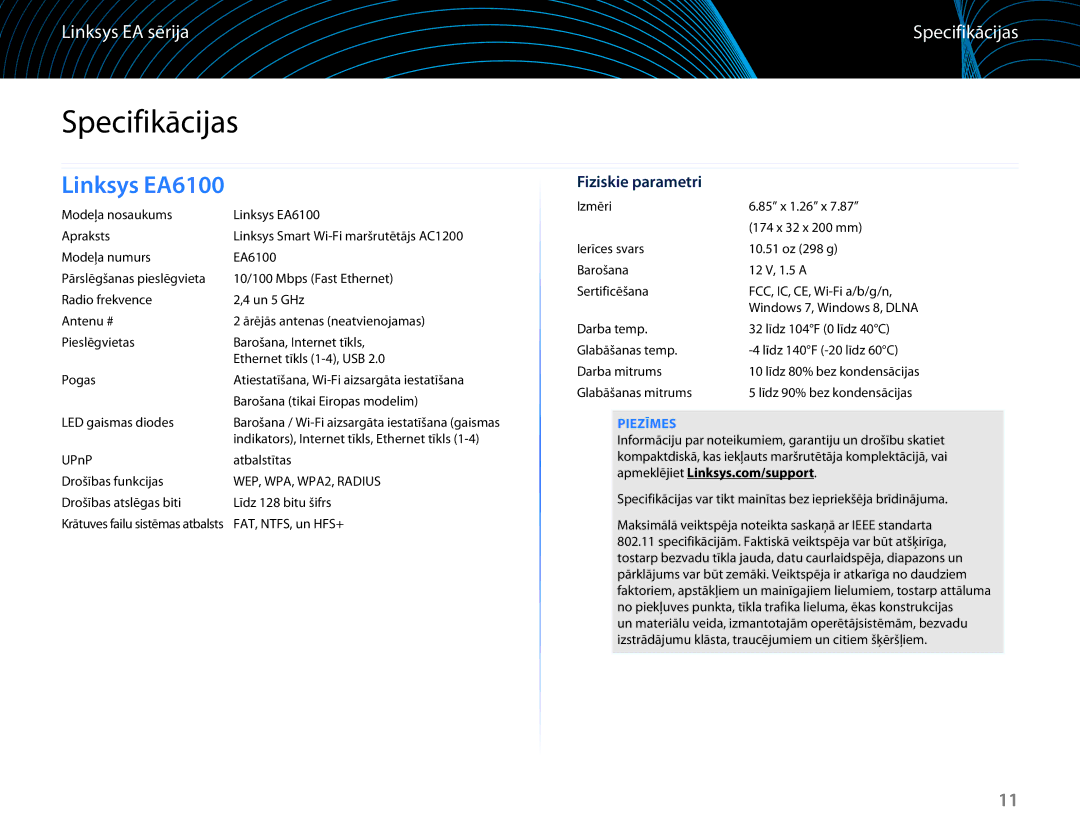 Linksys EA6100 manual Specifikācijas, Fiziskie parametri, Piezīmes 