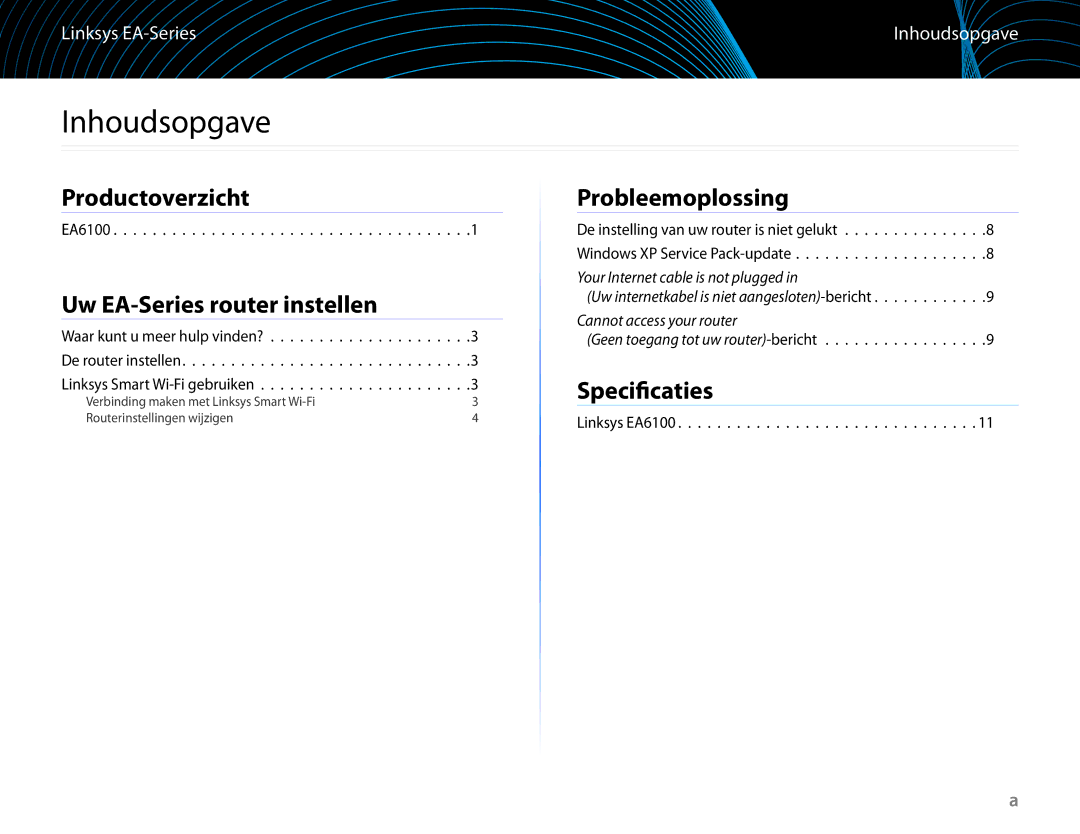 Linksys EA6100 manual Inhoudsopgave, Productoverzicht, Uw EA-Series router instellen, Probleemoplossing, Specificaties 