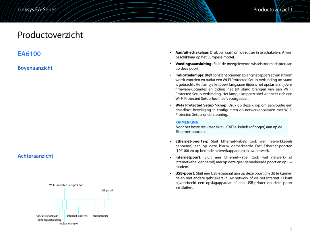 Linksys EA6100 manual Productoverzicht, Bovenaanzicht Achteraanzicht, Opmerking 