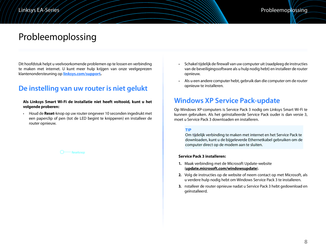 Linksys EA6100 manual Probleemoplossing, De instelling van uw router is niet gelukt, Windows XP Service Pack-update 