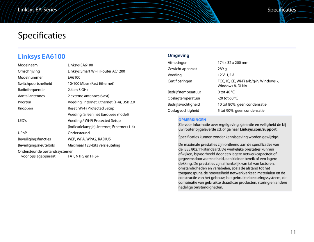 Linksys EA6100 manual Specificaties, Omgeving, Opmerkingen 