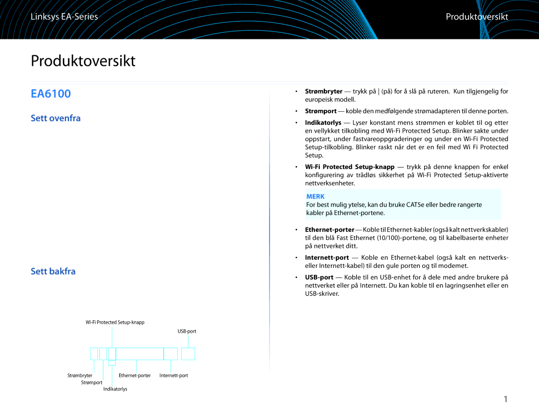 Linksys EA6100 manual Produktoversikt, Sett ovenfra Sett bakfra, Merk 