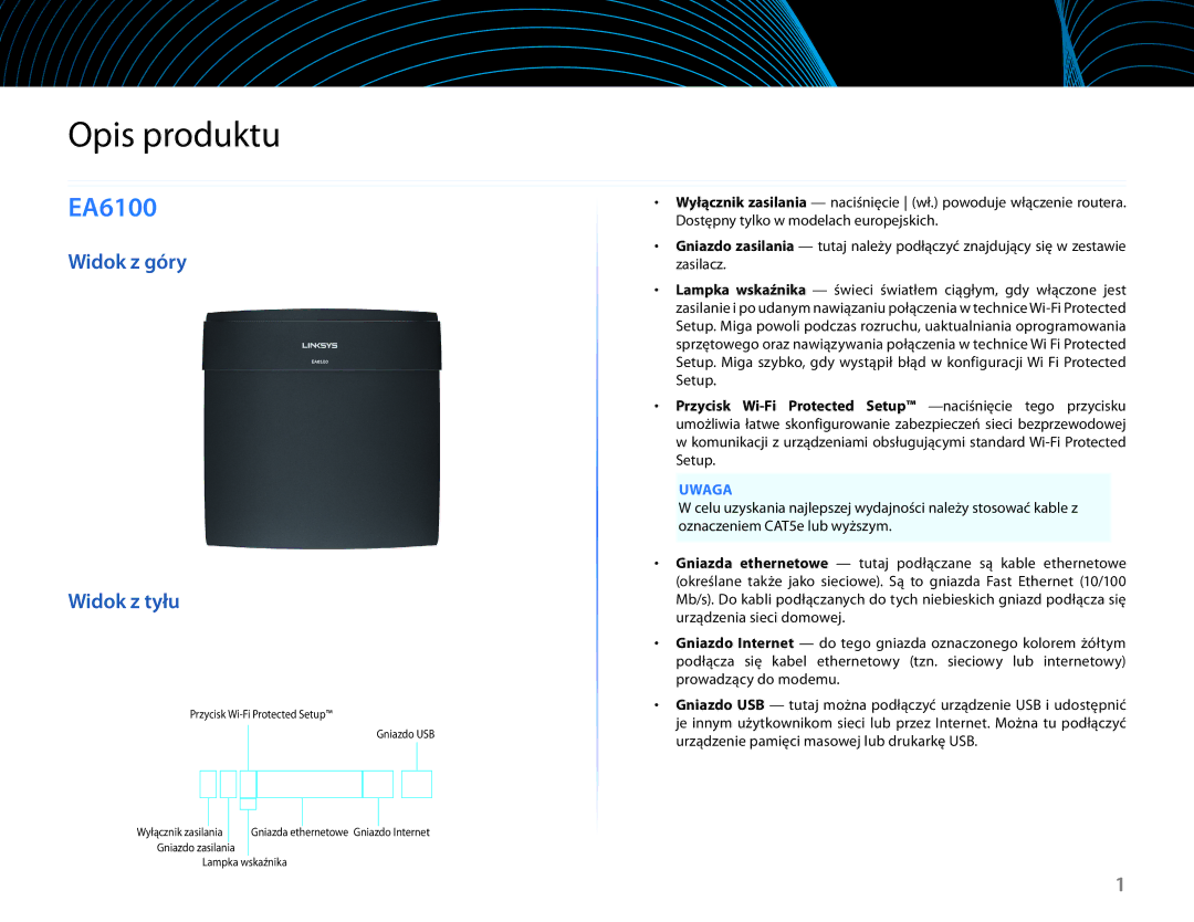 Linksys EA6100 manual Opis produktu, Widok z góry Widok z tyłu, Uwaga 