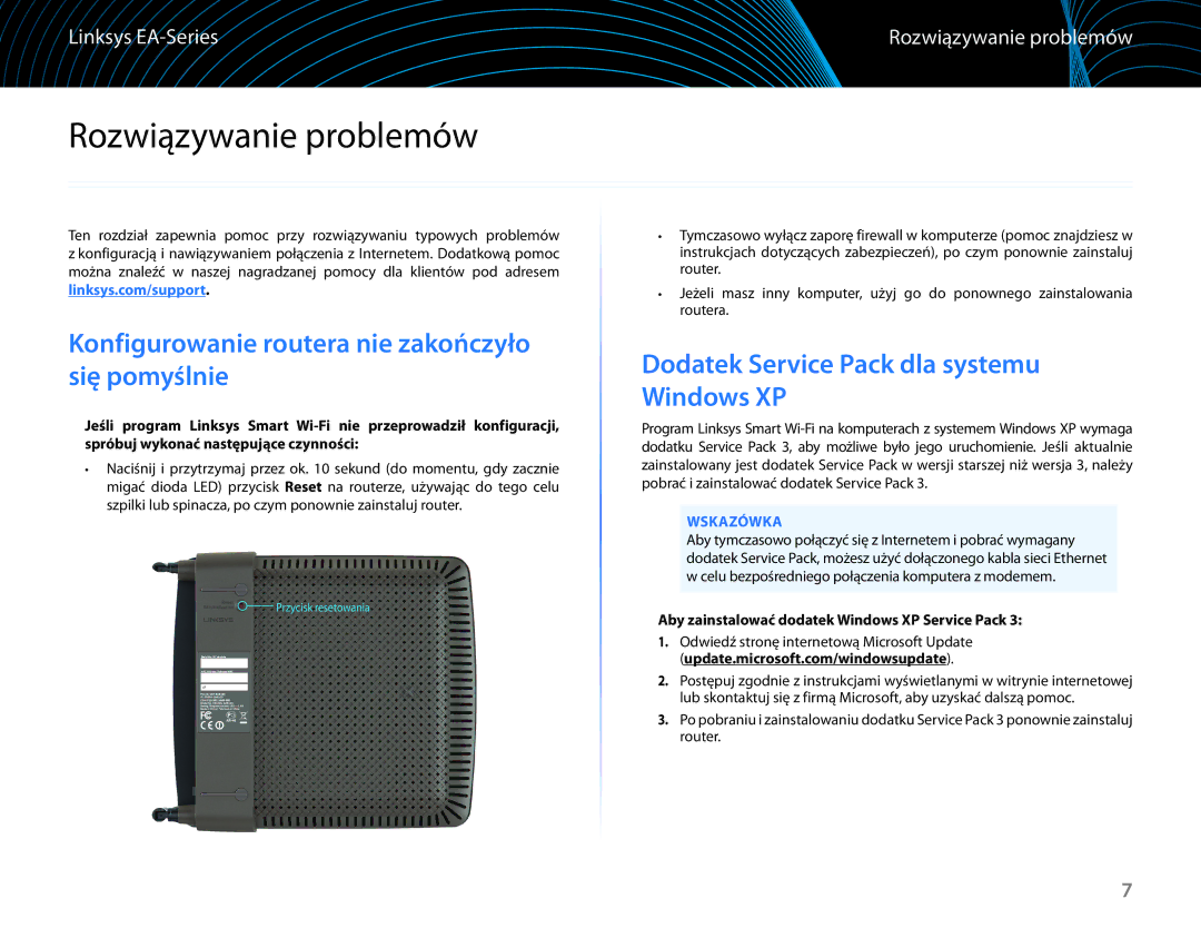 Linksys EA6100 manual Rozwiązywanie problemów, Konfigurowanie routera nie zakończyło się pomyślnie, Wskazówka 