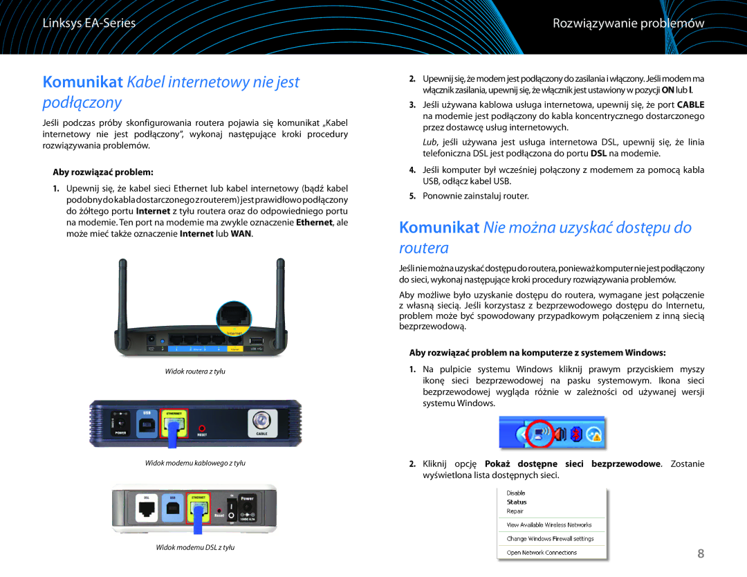 Linksys EA6100 manual Rozwiązywanie problemów, Aby rozwiązać problem na komputerze z systemem Windows 