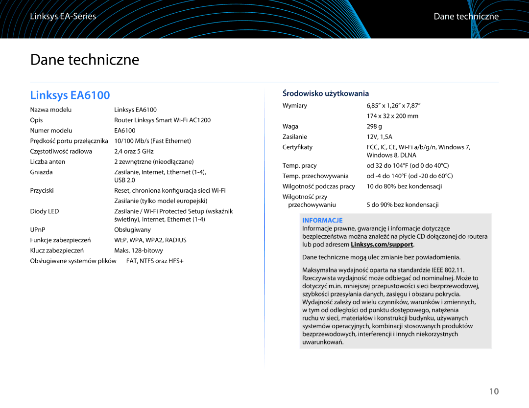 Linksys EA6100 manual Dane techniczne, Środowisko użytkowania, Informacje 