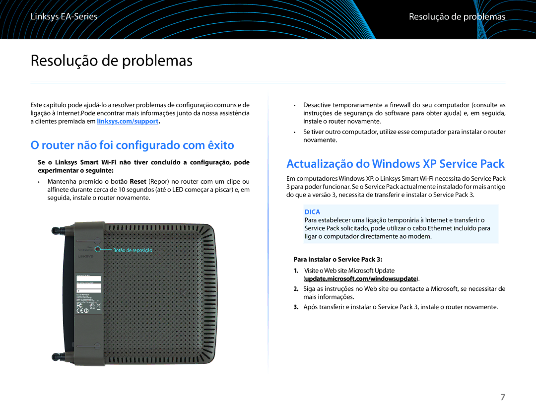 Linksys EA6100 Resolução de problemas, Router não foi configurado com êxito, Actualização do Windows XP Service Pack, Dica 