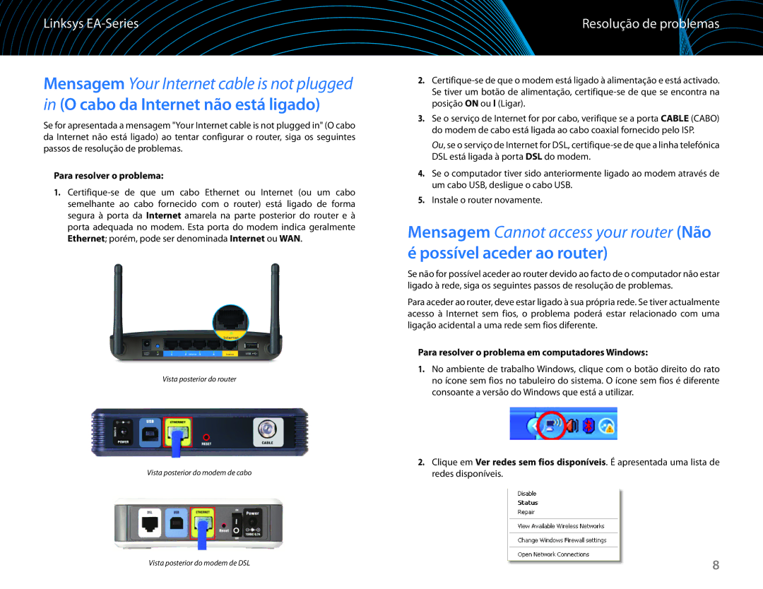 Linksys EA6100 manual Resolução de problemas, Para resolver o problema em computadores Windows 