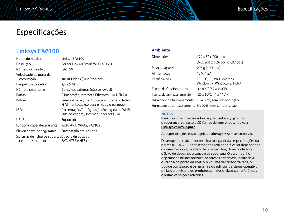 Linksys EA6100 manual Especificações, Ambiente 