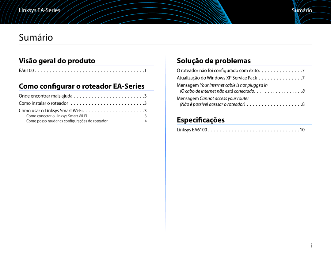 Linksys EA6100 manual Sumário, Visão geral do produto, Como configurar o roteador EA-Series, Solução de problemas 