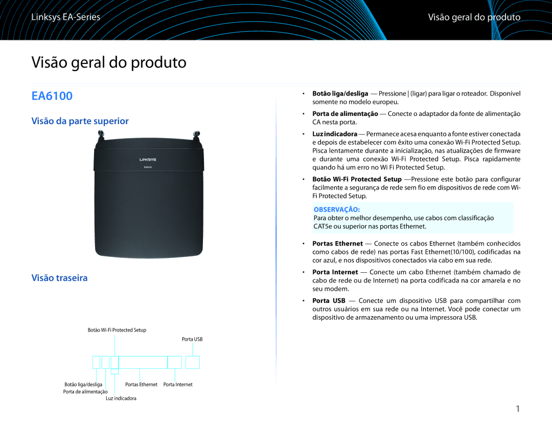 Linksys EA6100 manual Visão geral do produto, Visão da parte superior Visão traseira, Observação 