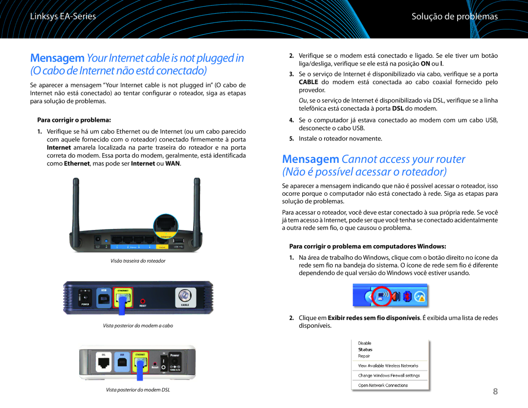 Linksys EA6100 manual Solução de problemas, Para corrigir o problema em computadores Windows 