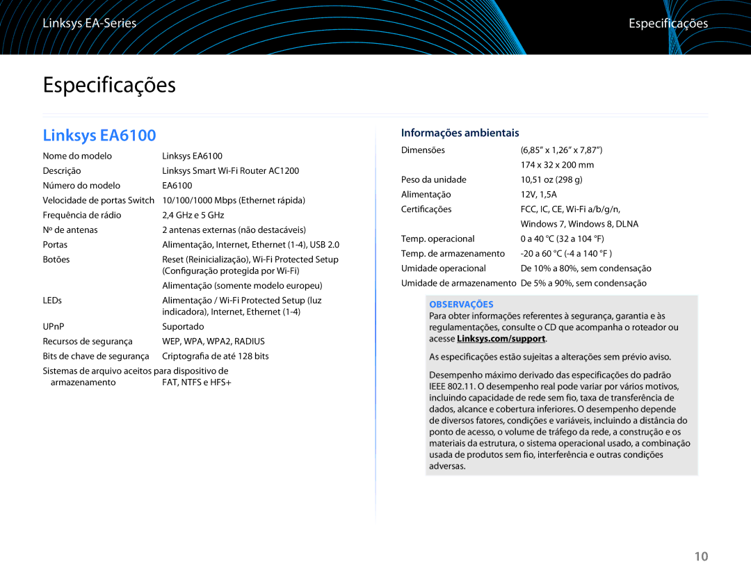 Linksys EA6100 manual Informações ambientais, Observações 