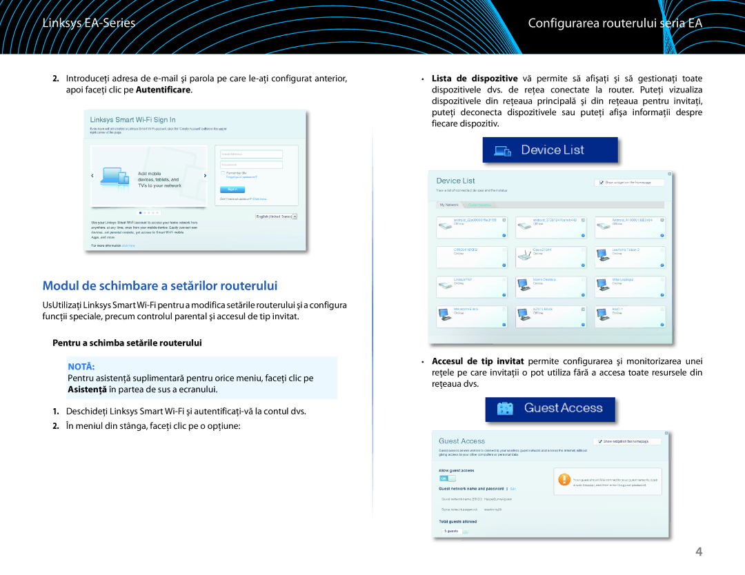 Linksys EA6100 manual Modul de schimbare a setărilor routerului, Configurarea routerului seria EA 