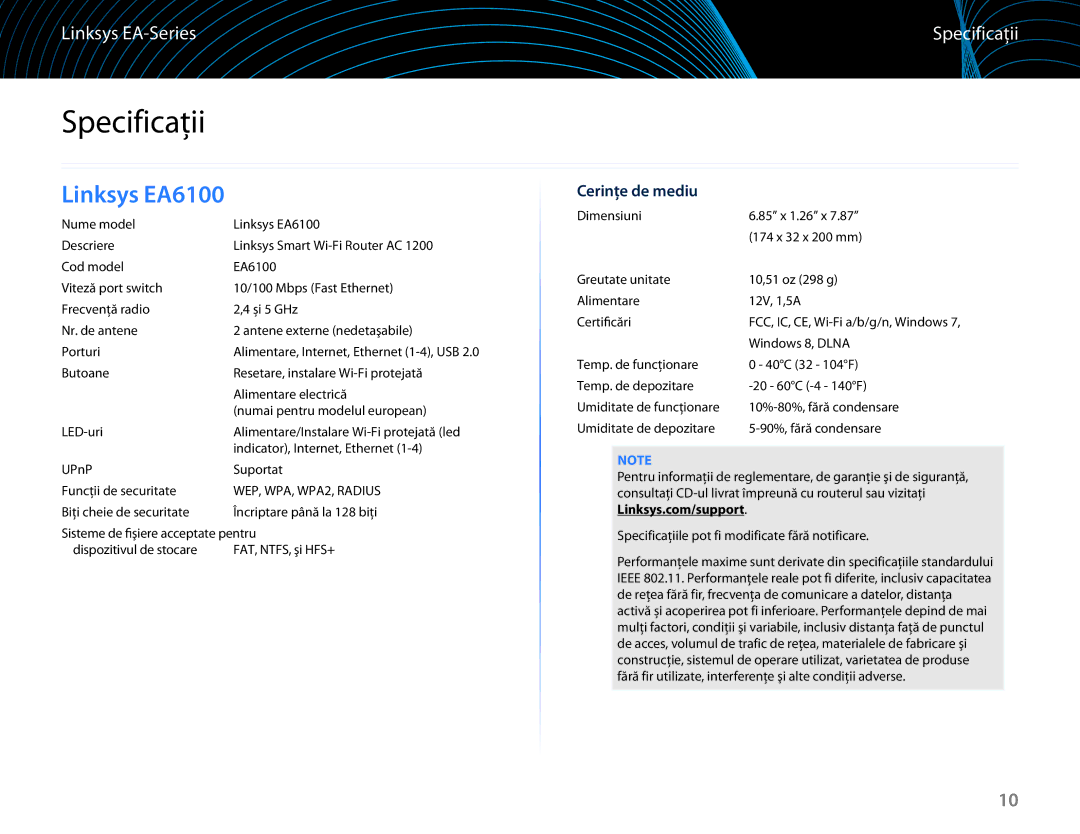 Linksys EA6100 manual Specificaţii, Cerinţe de mediu 