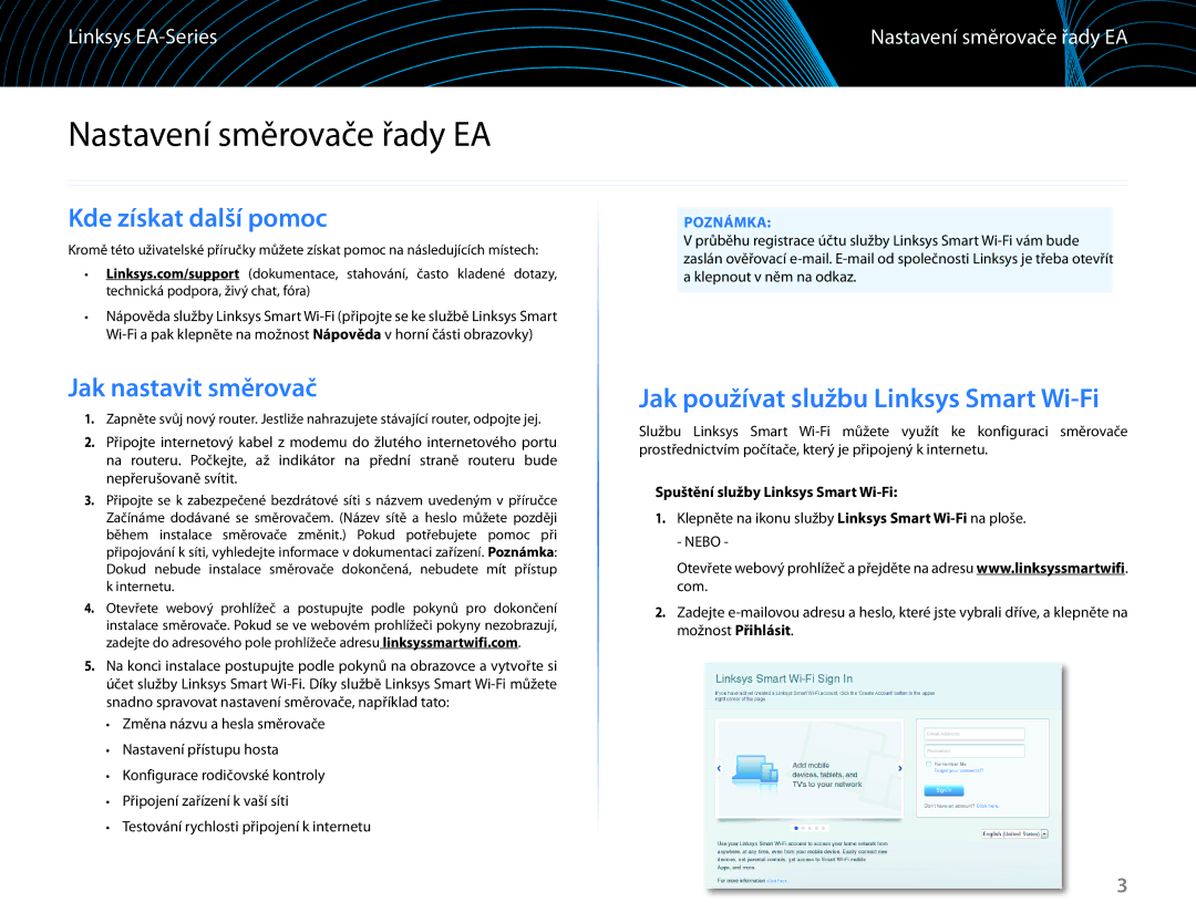 Linksys EA6100 manual Nastavení směrovače řady EA, Jak používat službu Linksys Smart Wi-Fi, Kde získat další pomoc 