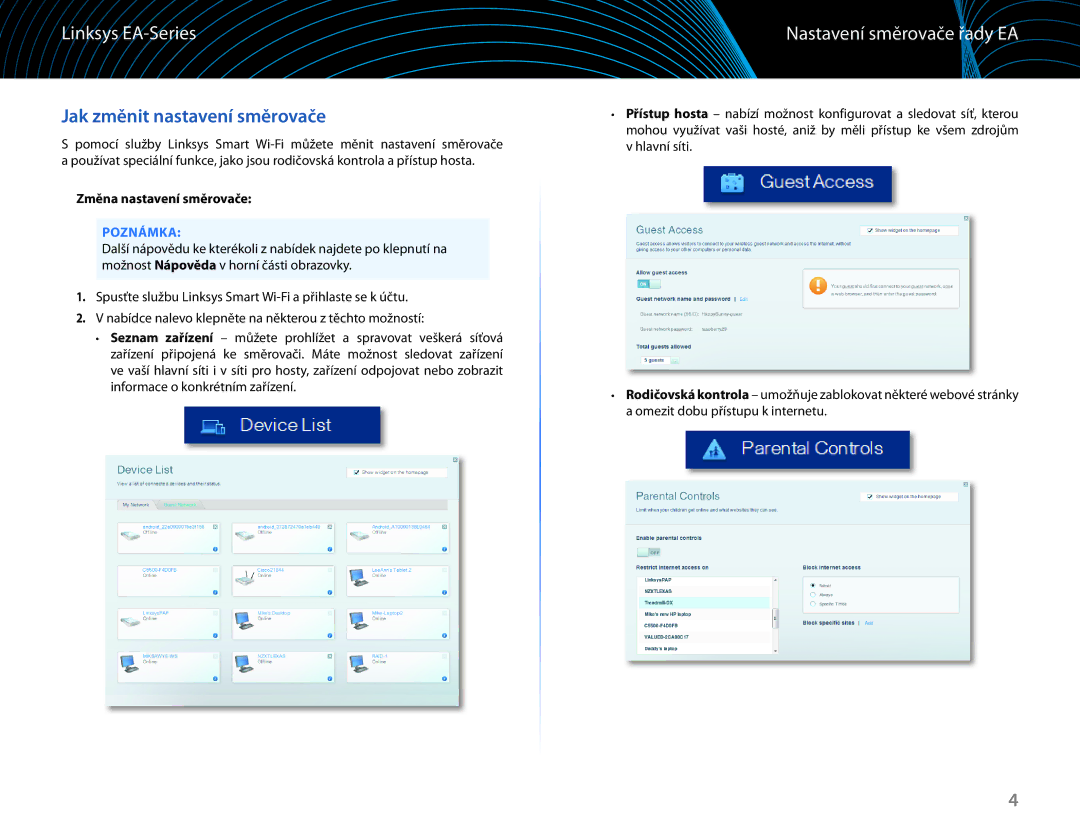 Linksys EA6100 manual Jak změnit nastavení směrovače, Nastavení směrovače řady EA, Změna nastavení směrovače 