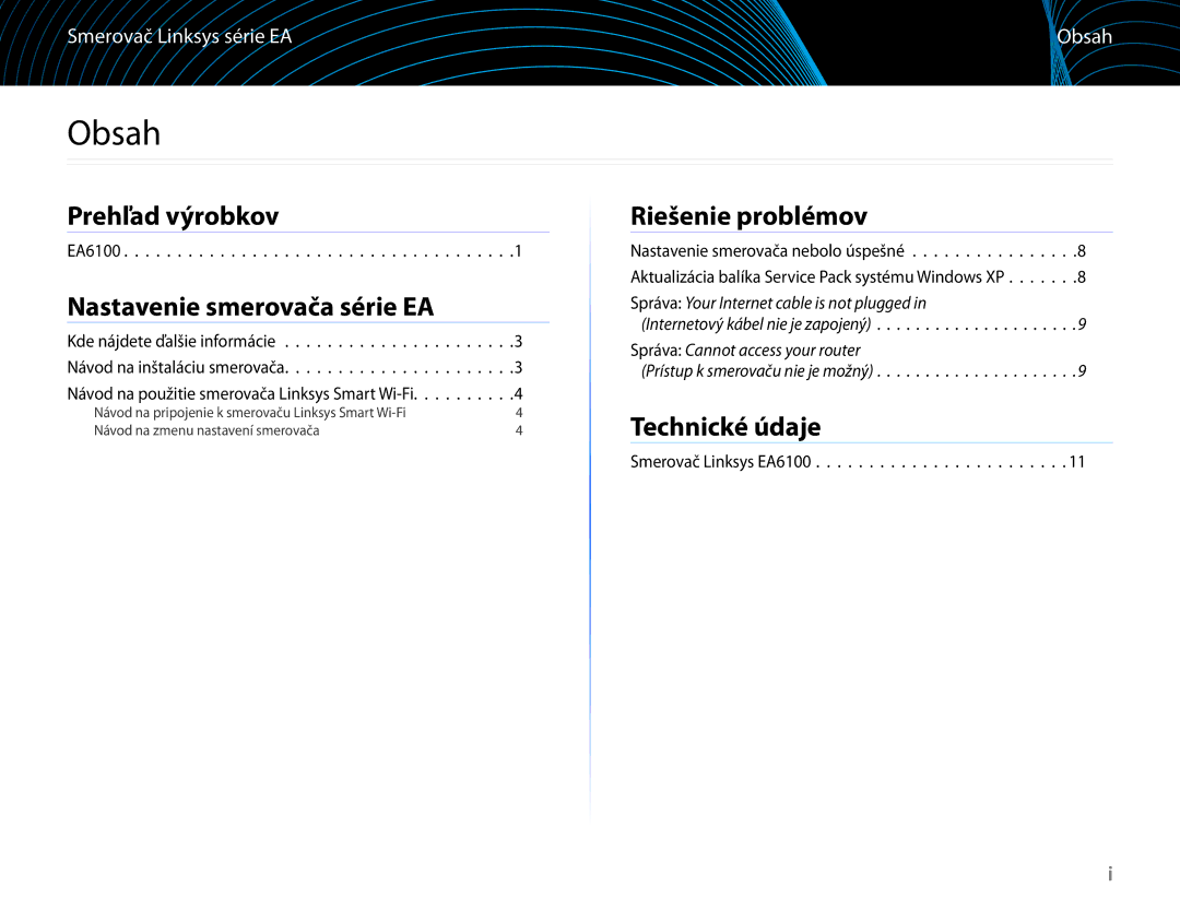 Linksys EA6100 manual Obsah, Prehľad výrobkov, Nastavenie smerovača série EA, Riešenie problémov, Smerovač Linksys série EA 