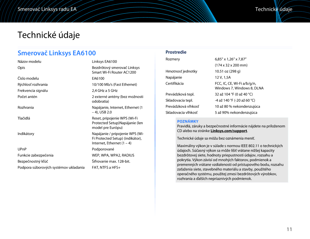 Linksys manual Technické údaje, Smerovač Linksys EA6100, Prostredie 