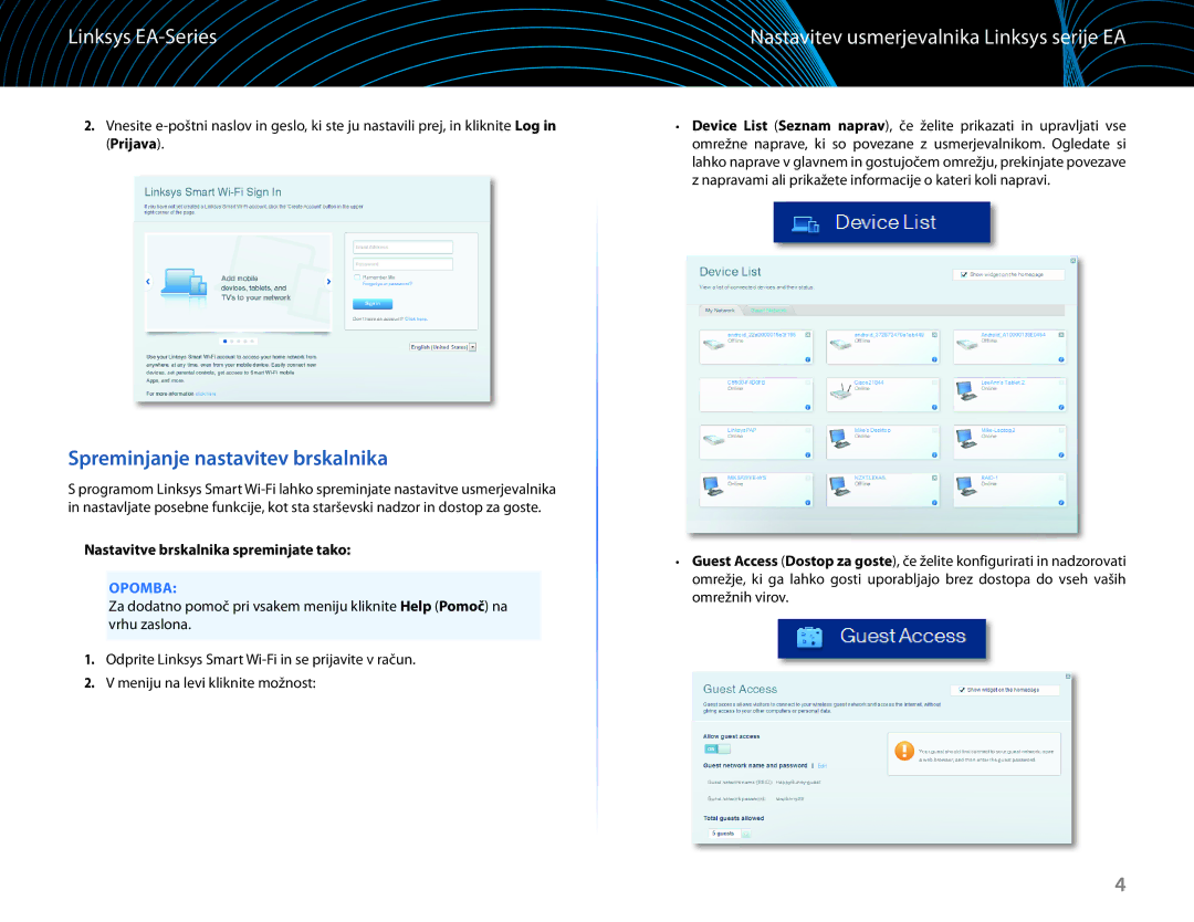 Linksys EA6100 manual Spreminjanje nastavitev brskalnika, Nastavitev usmerjevalnika Linksys serije EA 