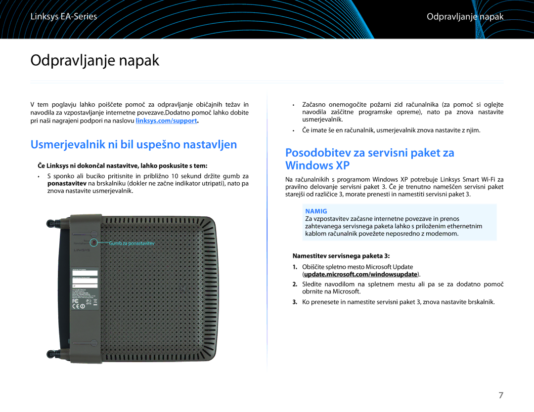 Linksys EA6100 Odpravljanje napak, Usmerjevalnik ni bil uspešno nastavljen, Posodobitev za servisni paket za Windows XP 