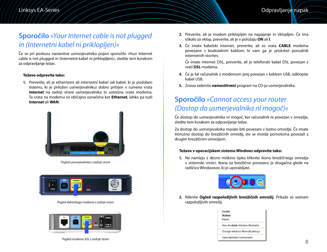 Linksys EA6100 manual Odpravljanje napak, Težavo odpravite tako, Težavo v operacijskem sistemu Windows odpravite tako 