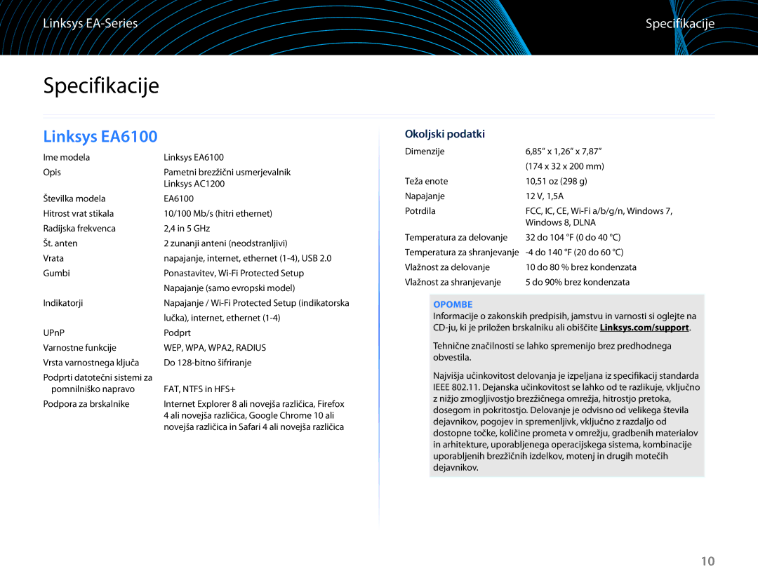 Linksys EA6100 manual Specifikacije, Okoljski podatki, Opombe 