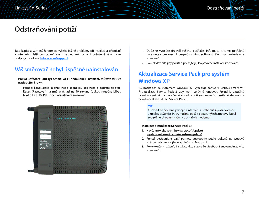 Linksys EA6100 manual Odstraňování potíží, Aktualizace Service Pack pro systém Windows XP, Tip 