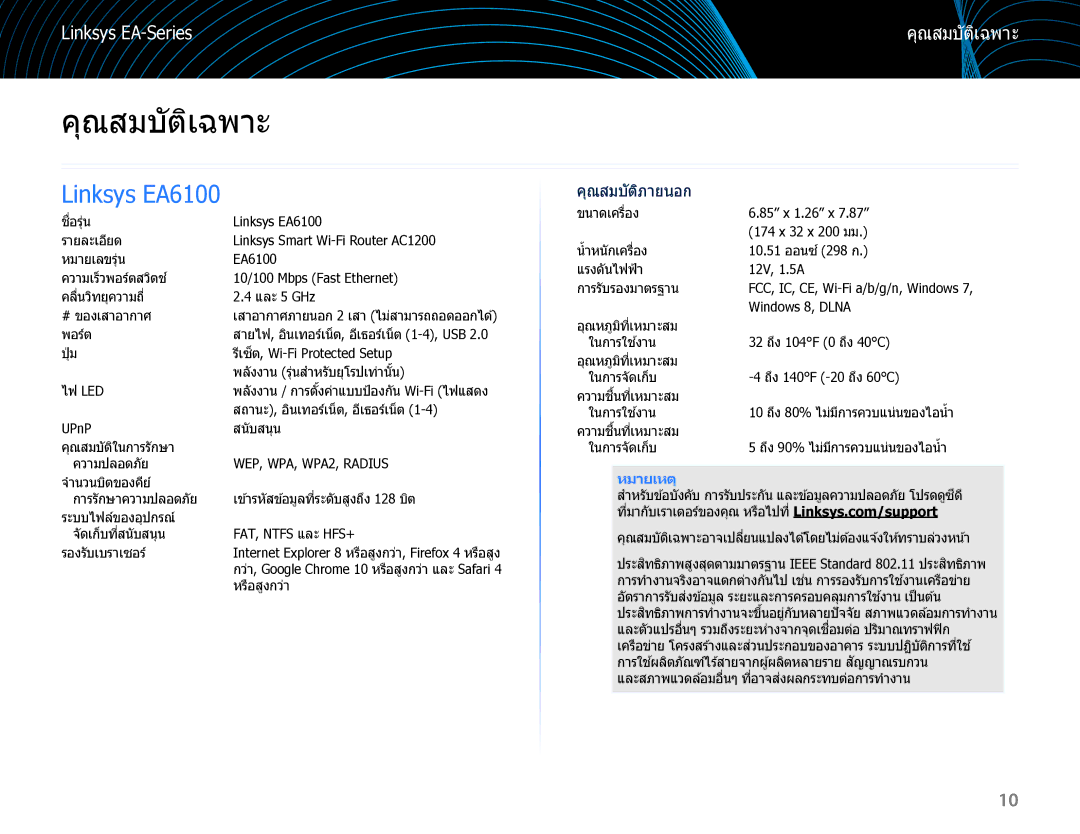 Linksys EA6100 manual คุณสมบัติเฉพาะ 