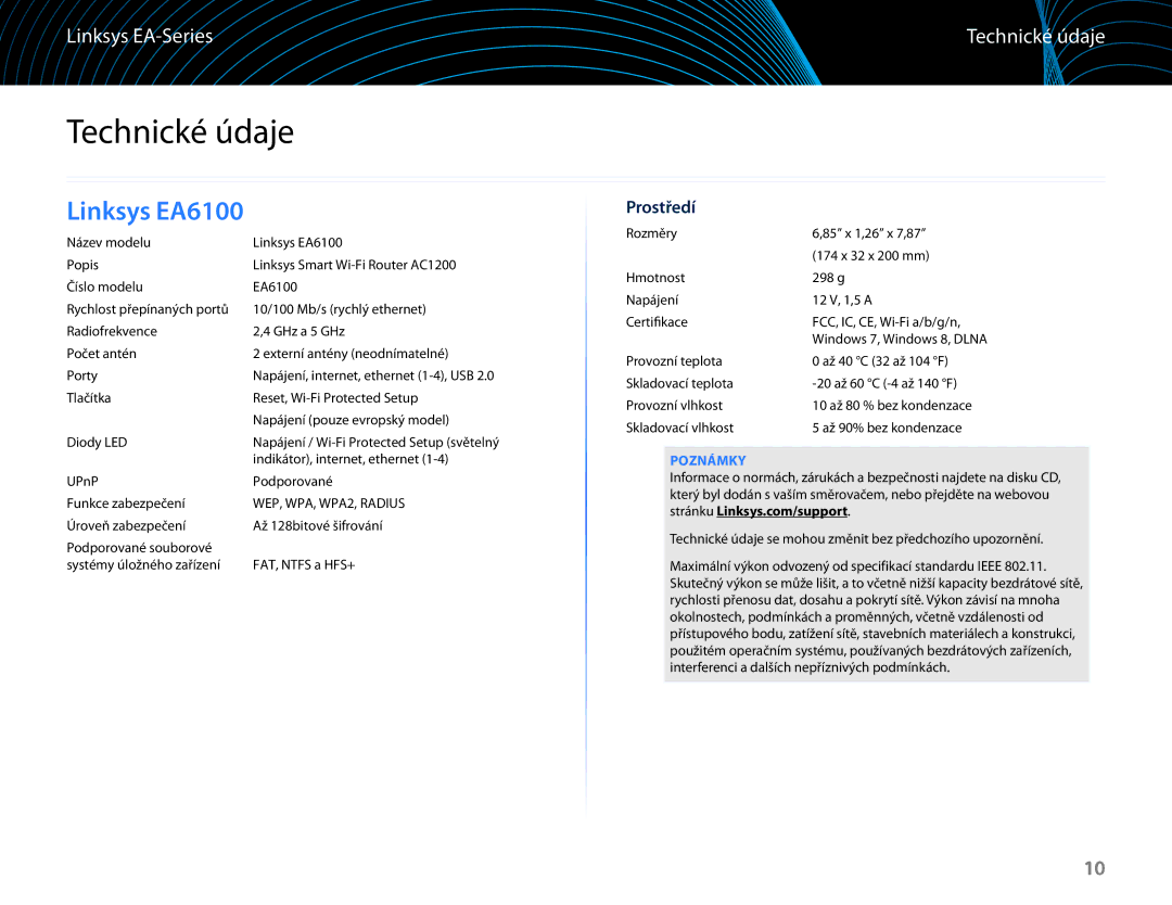 Linksys EA6100 manual Technické údaje, Prostředí, Poznámky 