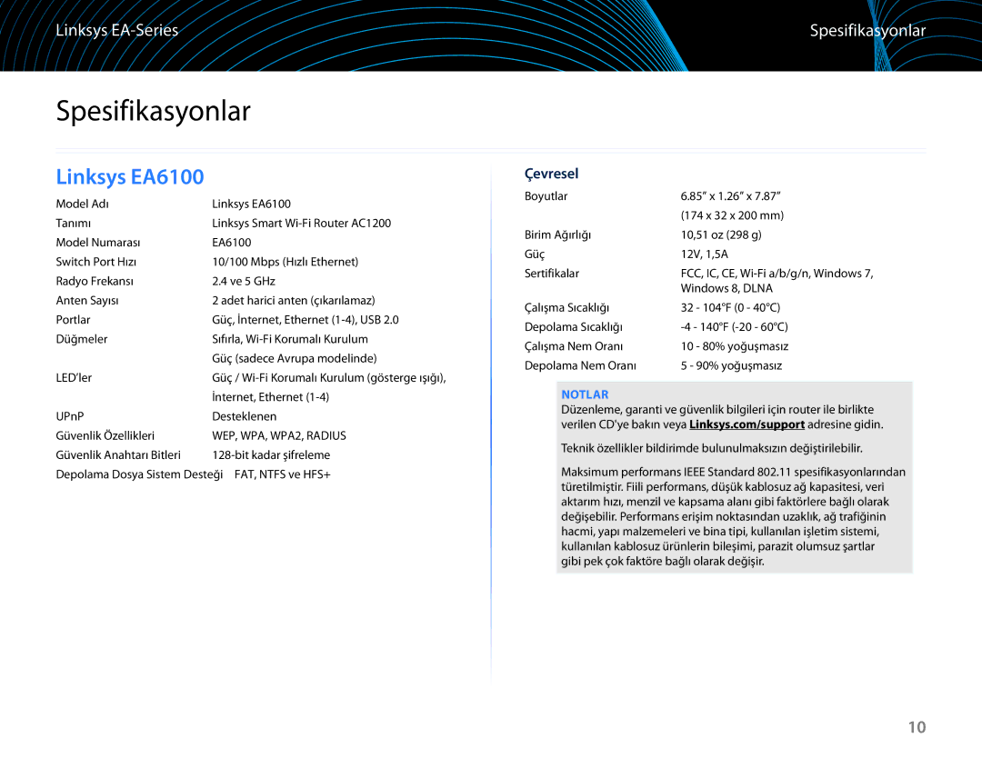 Linksys EA6100 manual Spesifikasyonlar, Çevresel, Notlar 