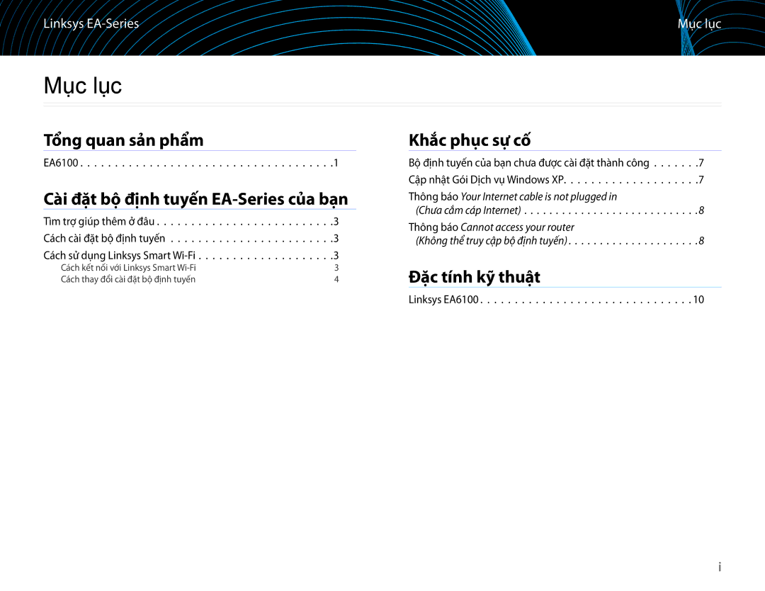 Linksys EA6100 Mục lục, Tổng quan sản phẩm, Cài đặt bộ định tuyến EA-Series của bạn, Khắc phục sự cố, Đặc tính kỹ thuật 