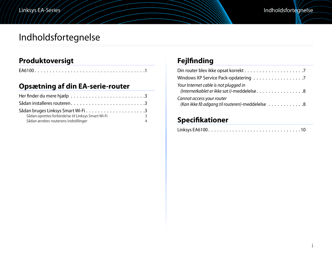 Linksys EA6100 manual Indholdsfortegnelse, Produktoversigt, Opsætning af din EA-serie-router, Fejlfinding, Specifikationer 