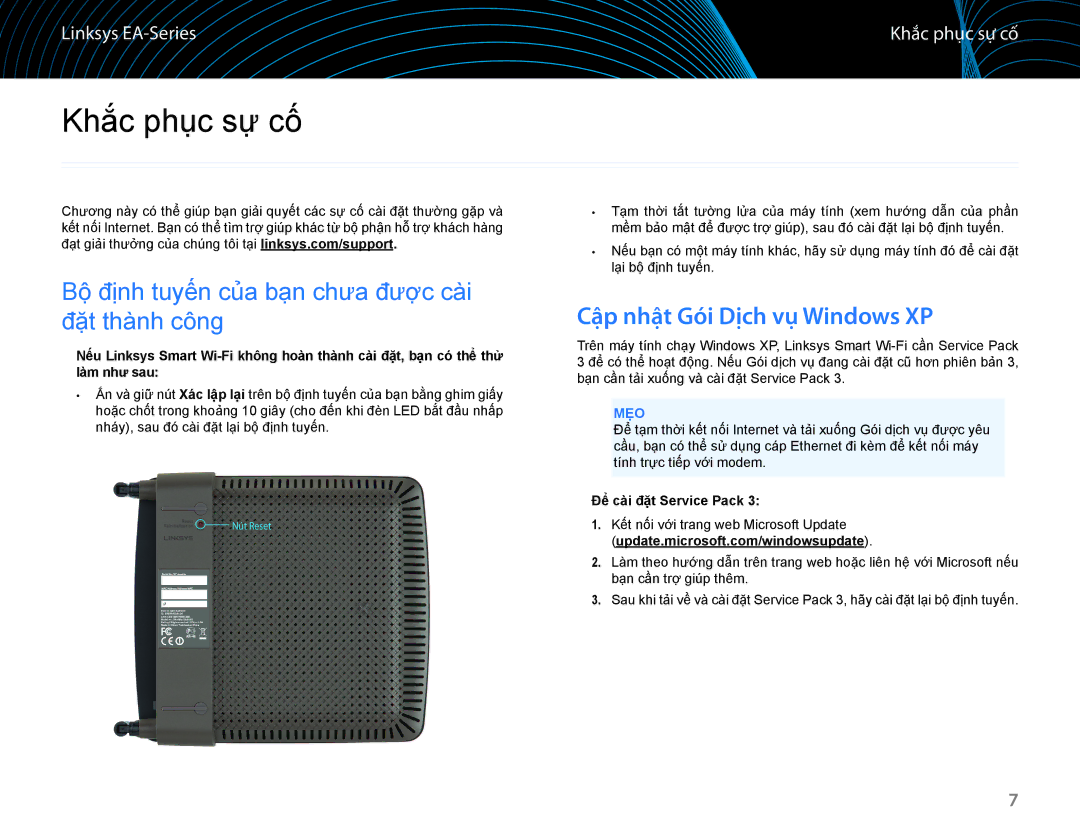 Linksys EA6100 manual Khắc phục sự cố, Cập nhật Gói Dịch vụ Windows XP, Mẹo, Để cài đặt Service Pack 