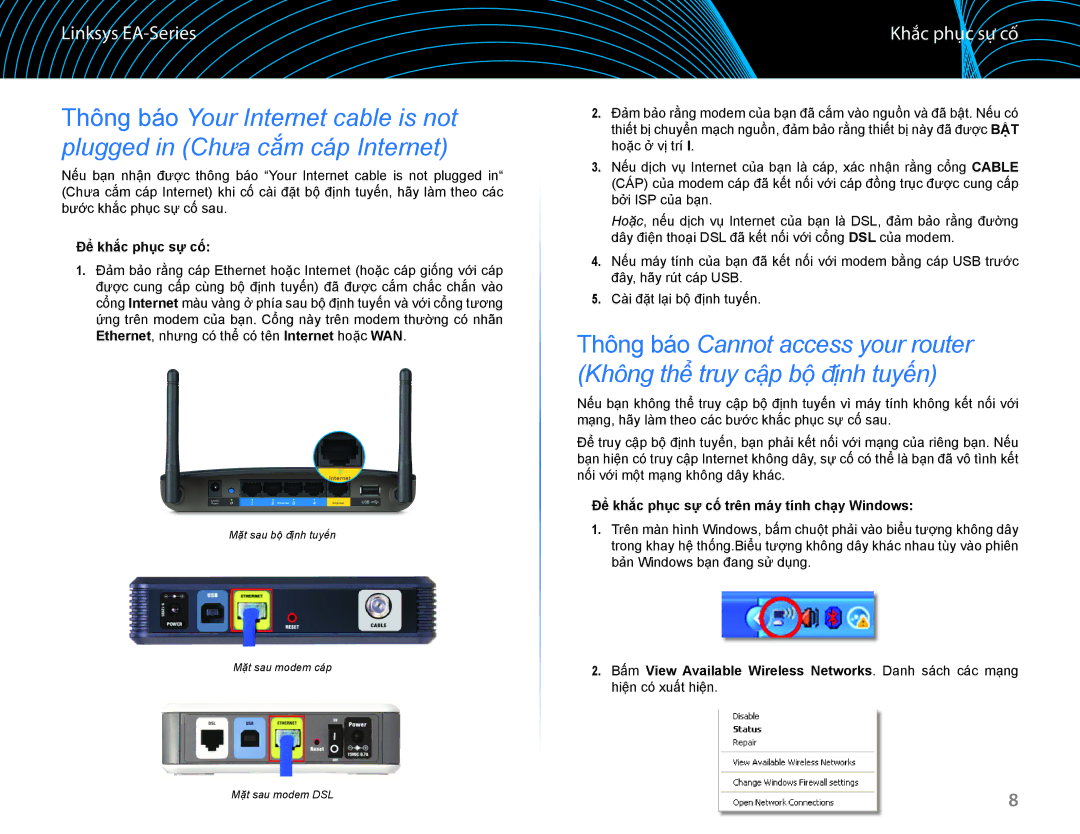 Linksys EA6100 manual Khắc phục sự cố, Để khắc phục sự cố trên máy tính chạy Windows 