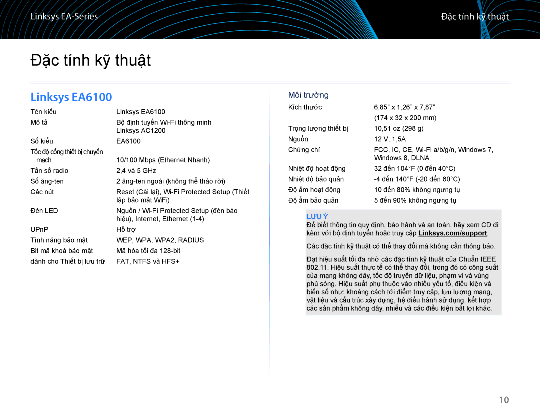 Linksys EA6100 manual Đặc tính kỹ thuật, Môi trường 